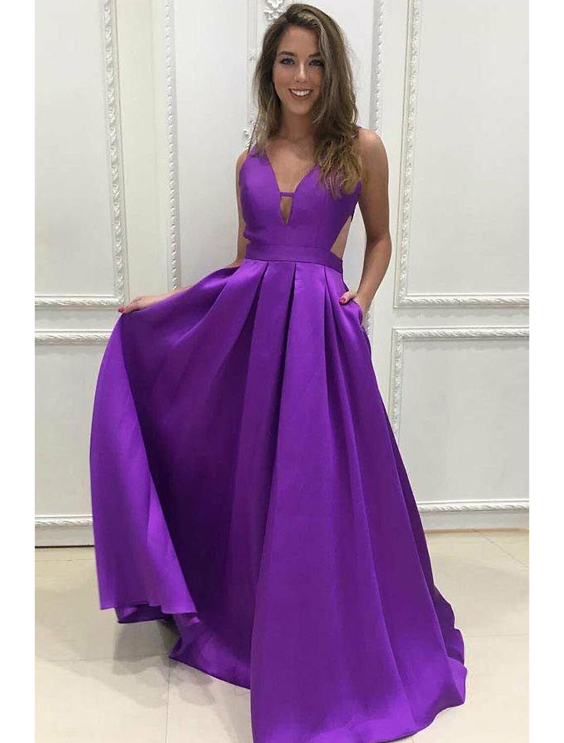 wholesale  A-Line Prom Dresses Minimalist Dress Formal Prom Floor Length Sleeveless V Neck Pocket Stretch Satin Backless V Back with Pleats Pocket