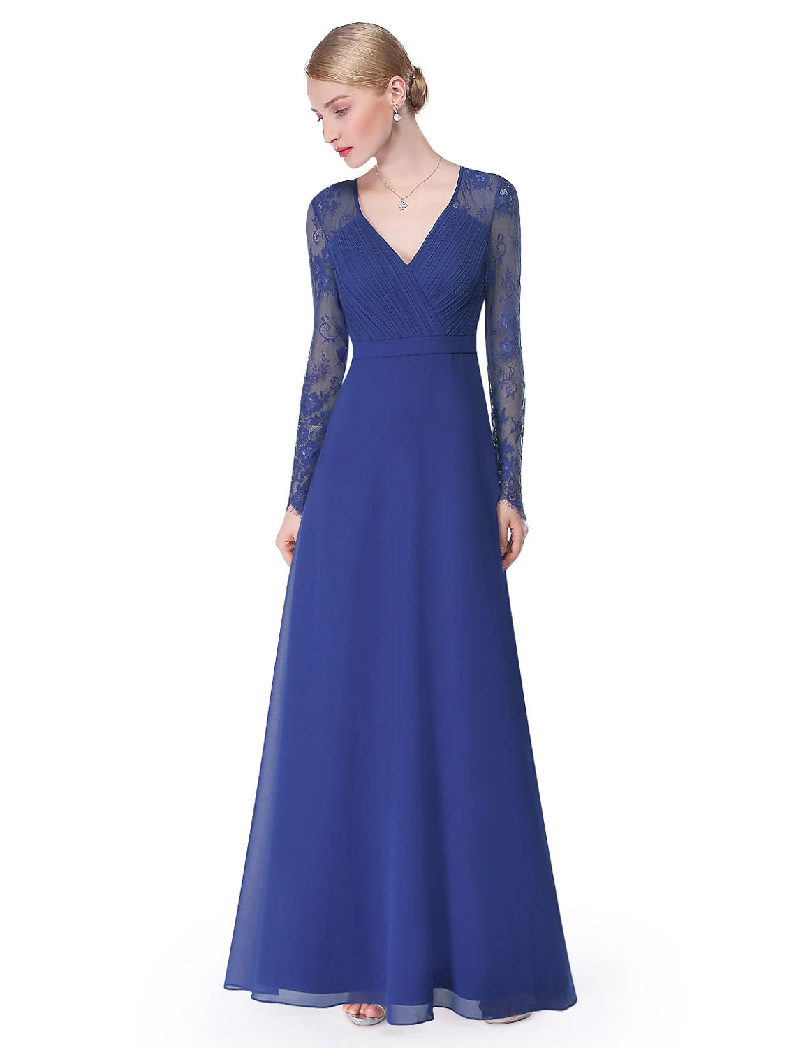 wholesaA-Line Evening Gown Elegant Dress Wedding Guest Formal Evening Floor Length Long Sleeve V Neck Chiffon with Sash / Ribbon Ruched Lace Insert