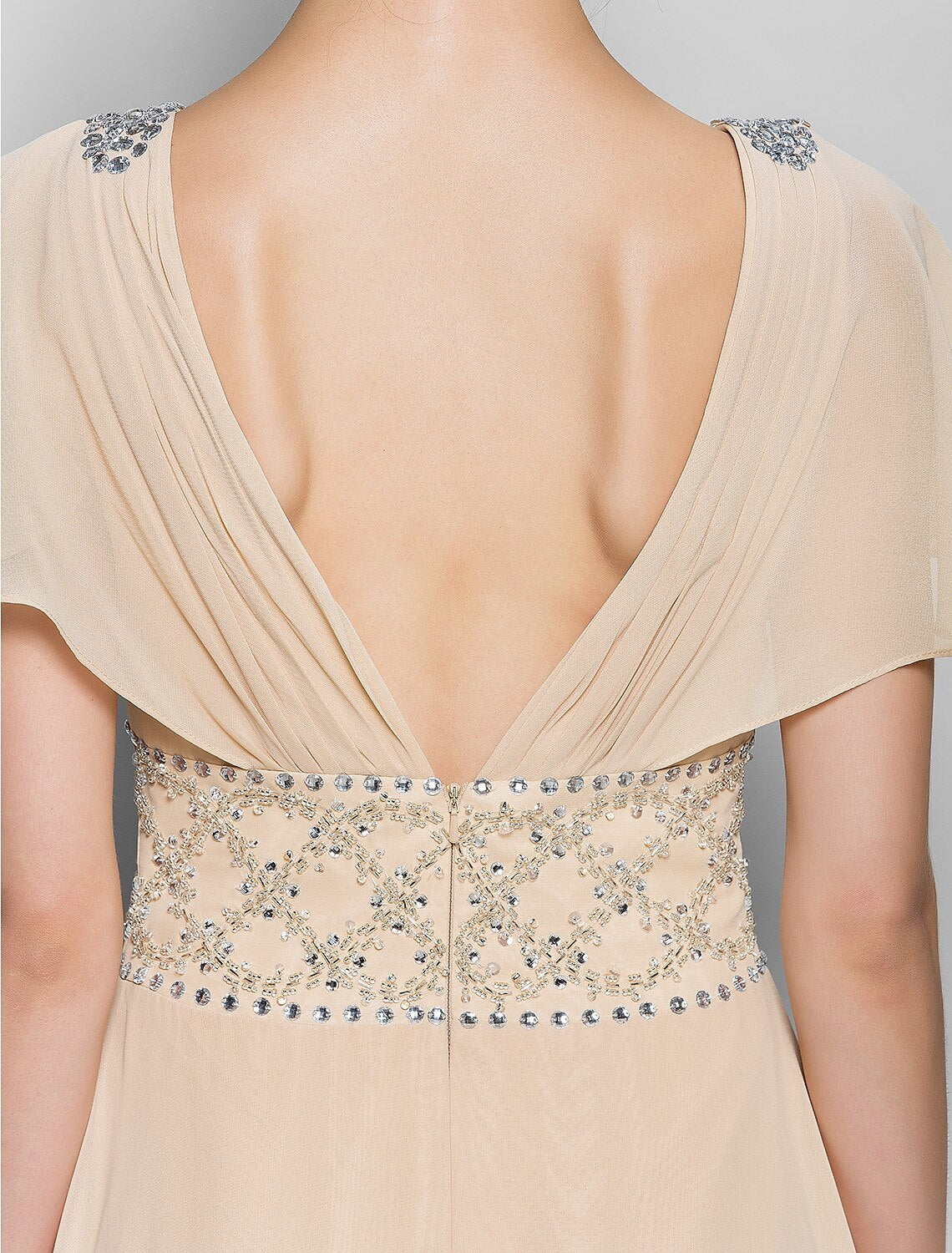 wholesale  A-Line Mother of the Bride Dress Beautiful Back V Neck Floor Length Chiffon Short Sleeve No with Criss Cross Beading