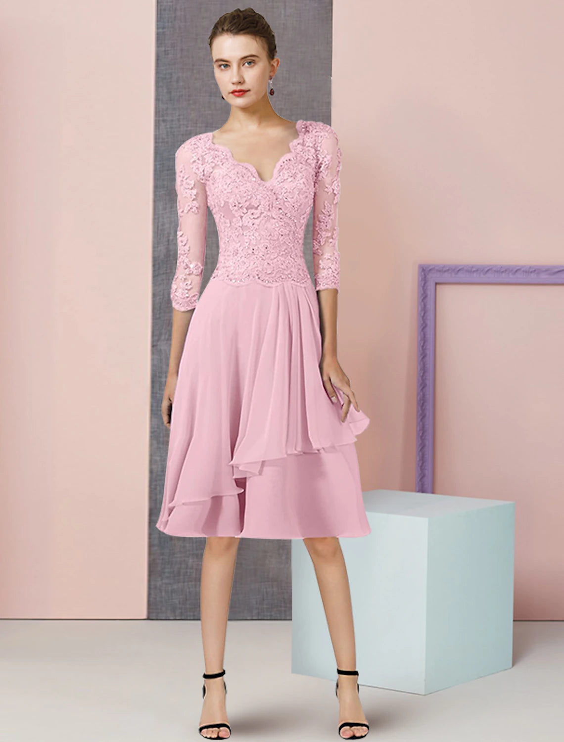 wholesale A-Line Mother of the Bride Dress Formal Wedding Guest Vintage Elegant V Neck Knee Length Chiffon Lace Half Sleeve with Pleats Sequin Appliques