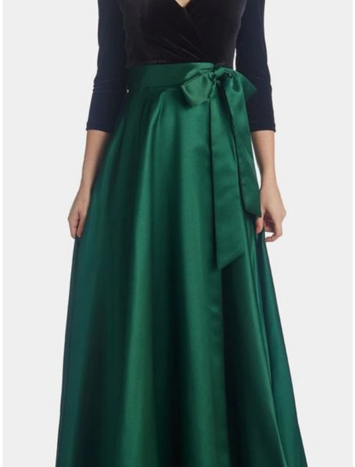 Wholesa A-Line Mother of the Bride Dress Wedding Guest Elegant V Neck Floor Length Satin Velvet 3/4 Length Sleeve with Bow(s) Ruching