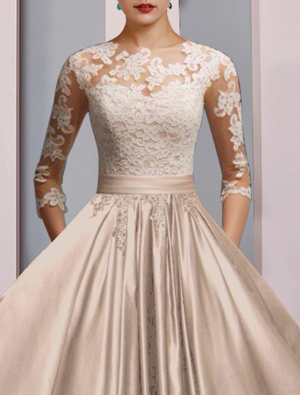 Wholesa A-Line Mother of the Bride Dress Formal Wedding Guest Elegant Party Scoop Neck Ankle Length Satin Lace 3/4 Length Sleeve with Pleats Appliques