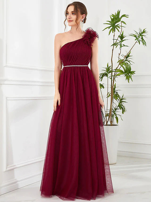 Wholesa A-Line Prom Dresses Vintage Dress Wedding Party Floor Length Sleeveless One Shoulder Tulle with Appliques