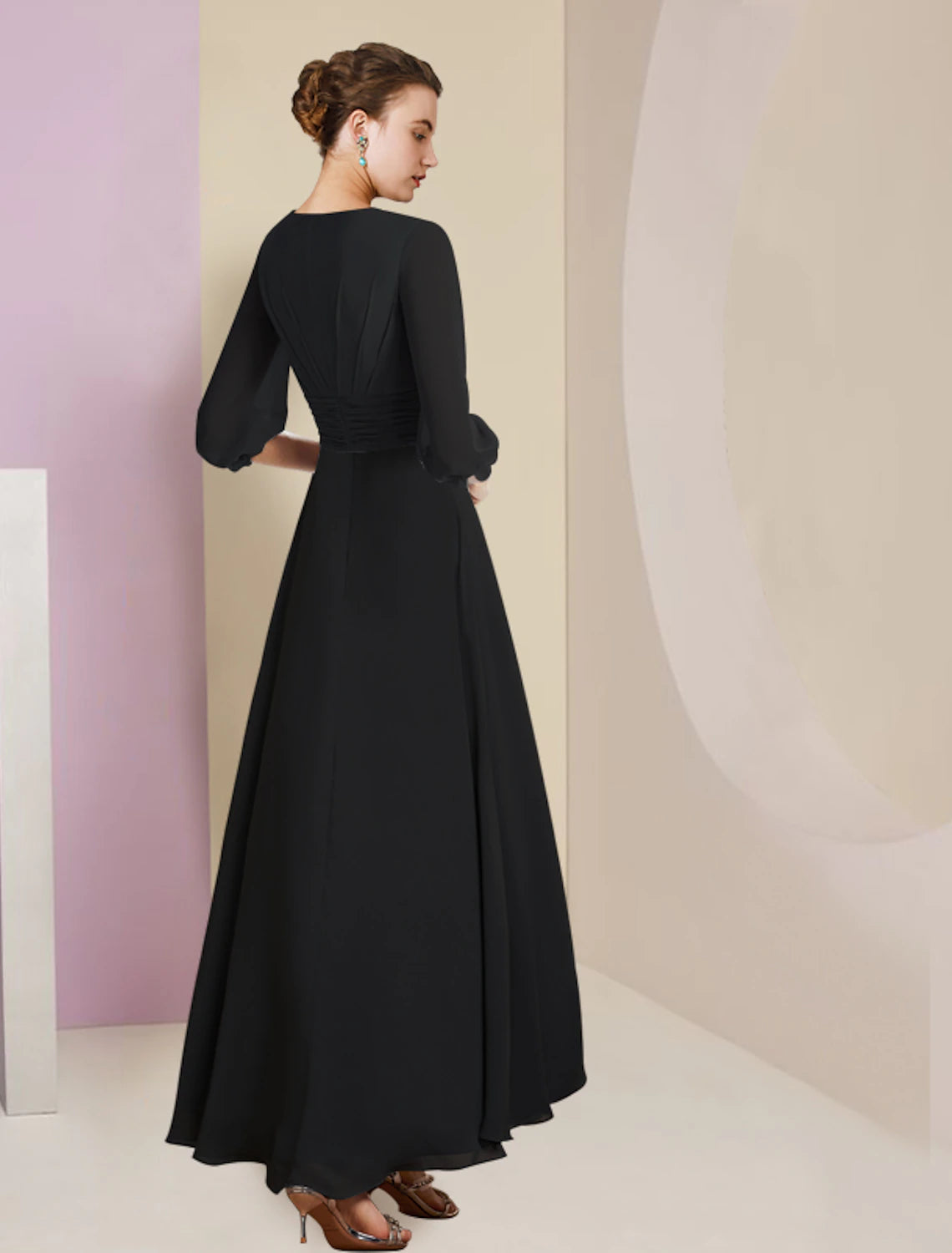 wholesale  A-Line Mother of the Bride Dress Formal Wedding Guest Vintage Elegant V Neck Asymmetrical Ankle Length Chiffon 3/4 Length Sleeve with Flower