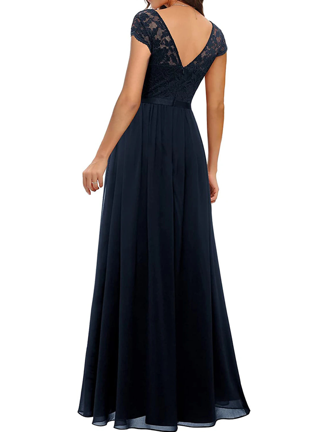 wholesale  A-Line Mother of the Bride Dress Elegant V Neck Floor Length Chiffon Lace Short Sleeve with Lace Pleats