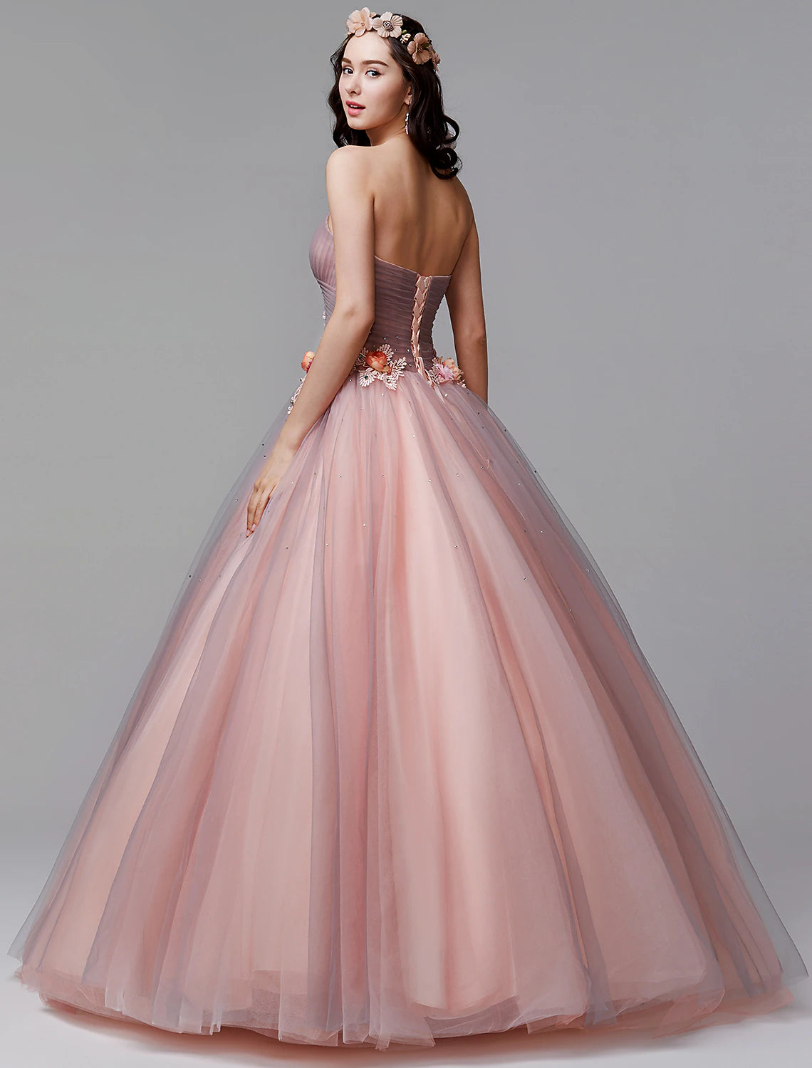 Wholesa Ball Gown Floral Formal Evening Dress Strapless Sleeveless Floor Length Tulle with Pleats Flower