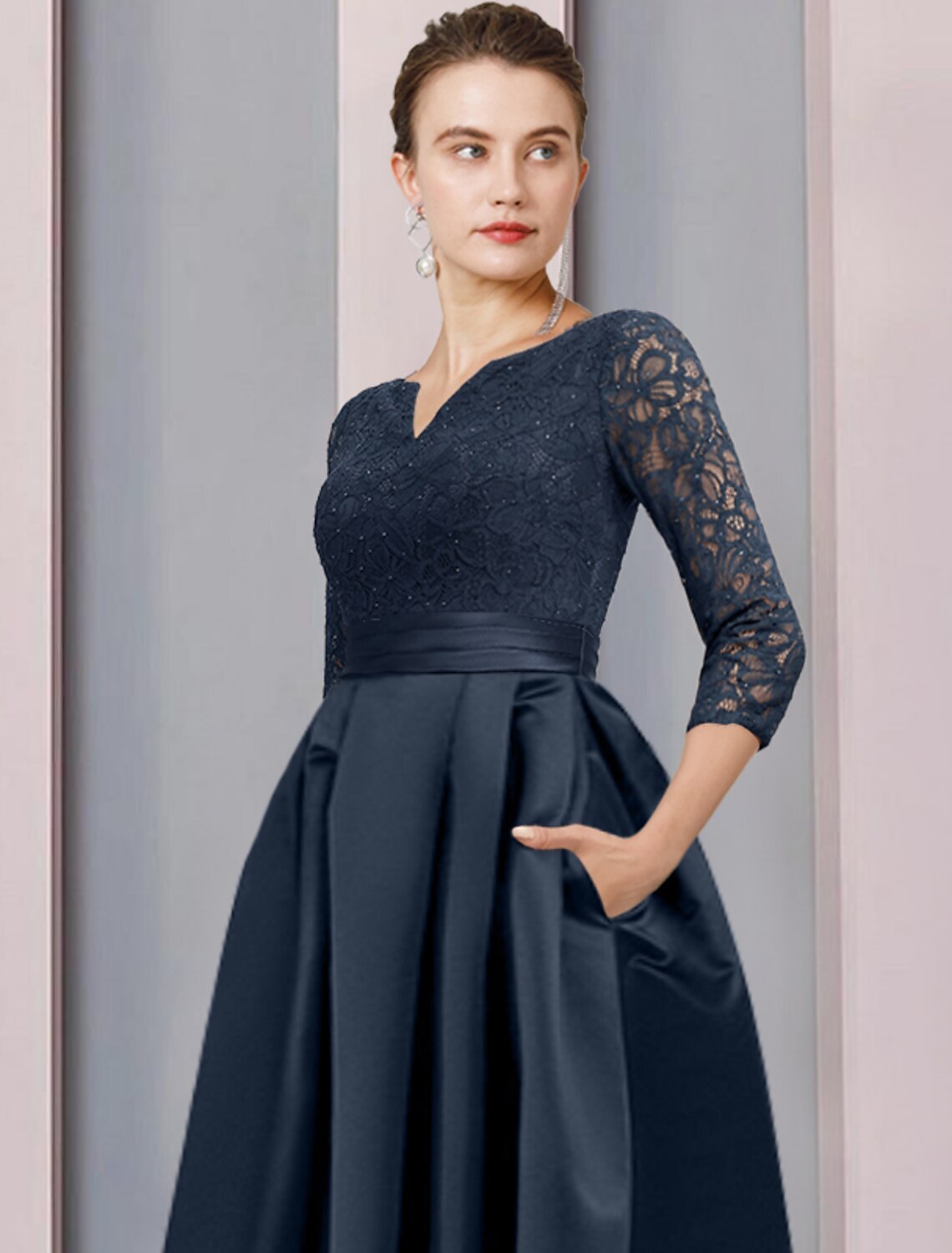 wholesale  A-Line Mother of the Bride Dress Wedding Guest Elegant High Low Scoop Neck Asymmetrical Tea Length Satin Lace 3/4 Length Sleeve with Pleats Appliques