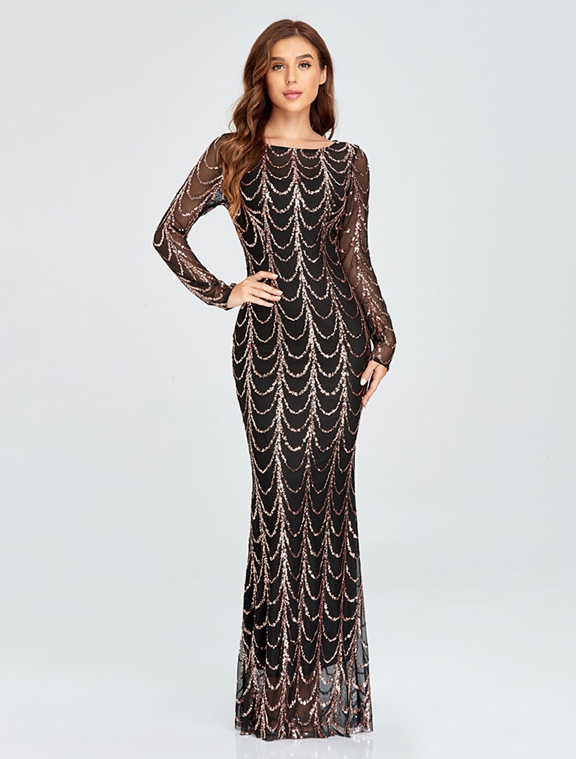 Wholesa Mermaid Black Dress Evening Gown Black Dress Vintage Party Wear Formal Evening Floor Length Long Sleeve Jewel Neck Sequined with Sequin