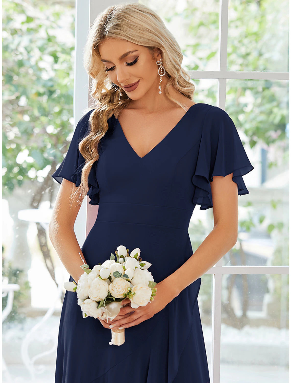 wholesale  A-Line Wedding Guest Dresses Casual Dress Party Dress Wedding Party Asymmetrical Short Sleeve V Neck Bridesmaid Dress Chiffon with Ruffles Pure Color