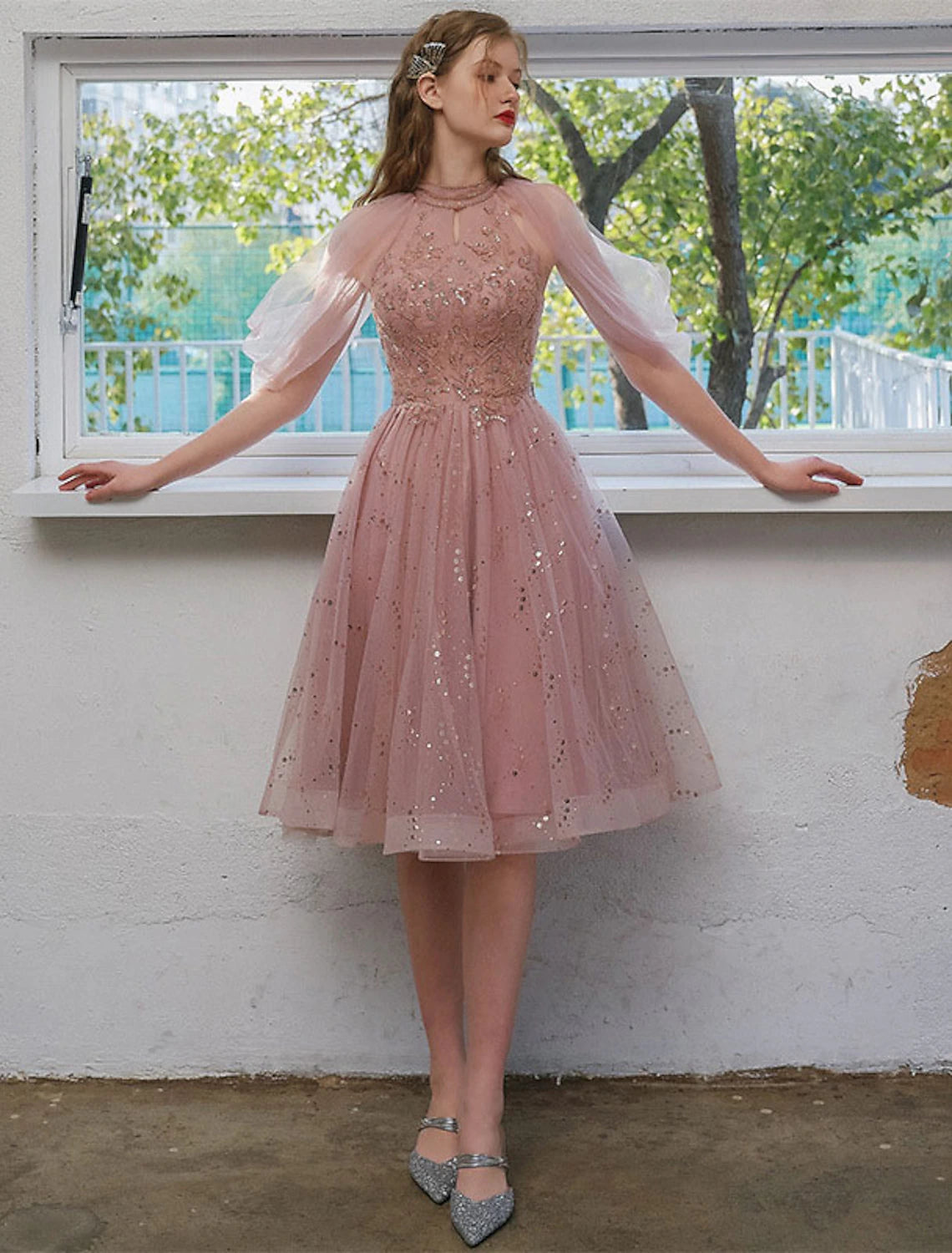 wholesale   A-Line Cocktail Dresses Party Dress Graduation Engagement Knee Length 3/4 Length Sleeve Jewel Neck Tulle with Sequin Appliques