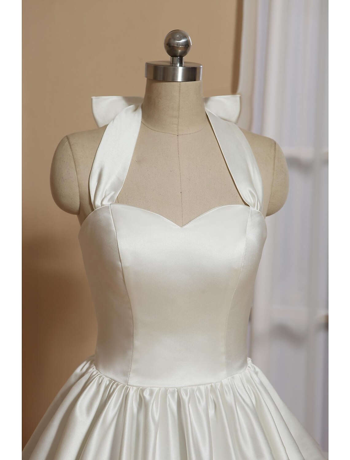 wholesale  Reception Little White Dresses Wedding Dresses A-Line Halter Sleeveless Tea Length Satin Bridal Gowns With Bow(s) Pleat