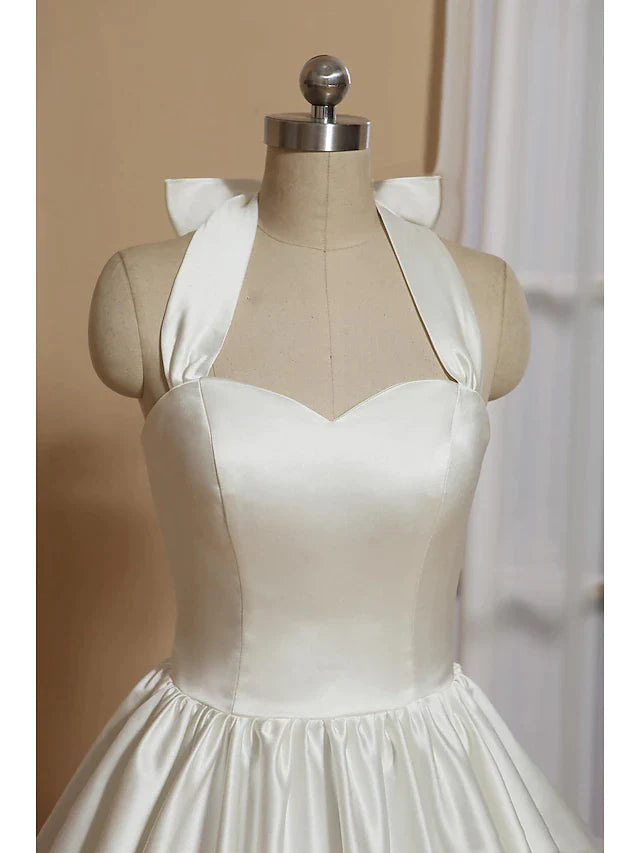 Wholesa Bridal Shower Little White Dresses Wedding Dresses Tea Length A-Line Sleeveless Halter Satin With Bow(s) Pleats