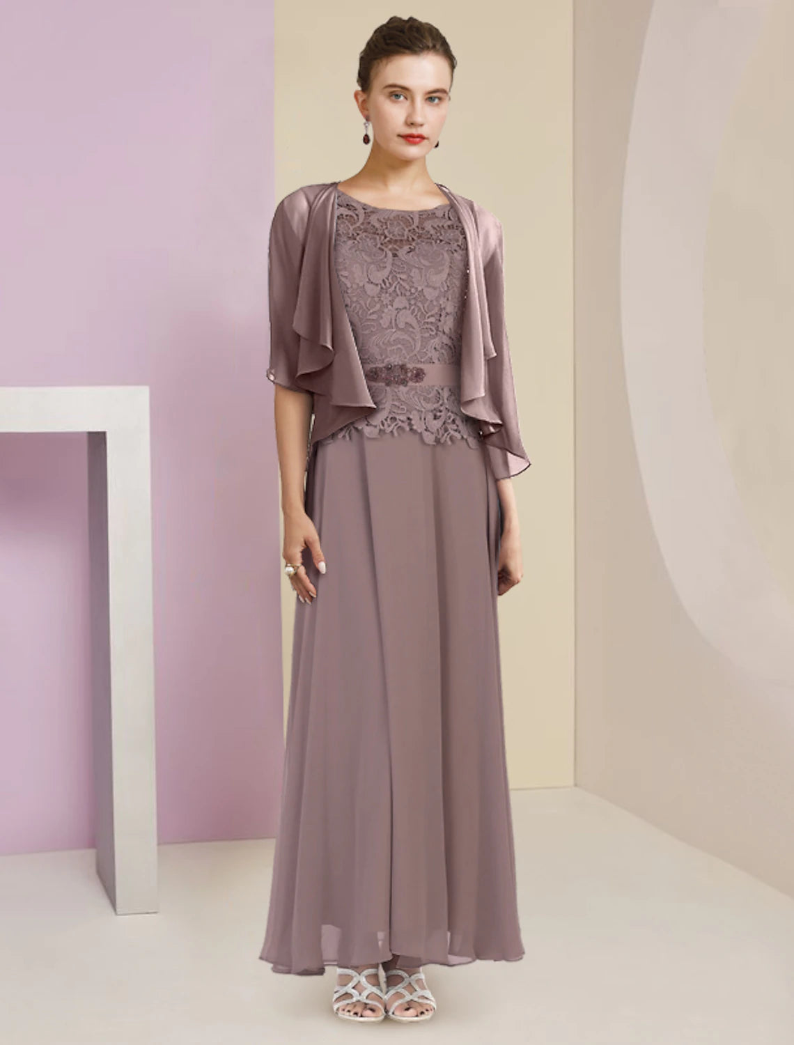 wholesale  Two Piece A-Line Mother of the Bride Dress Formal Wedding Guest Elegant Scoop Neck Floor Length Chiffon Lace 3/4 Length Sleeve Wrap Included with Appliques Crystal Brooch