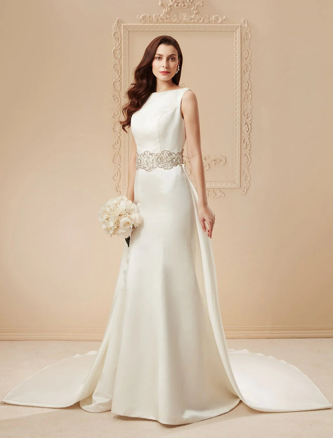 Wholesa Wedding Dresses Chapel Train Mermaid / Trumpet Sleeveless Scoop Neck Satin With Beading