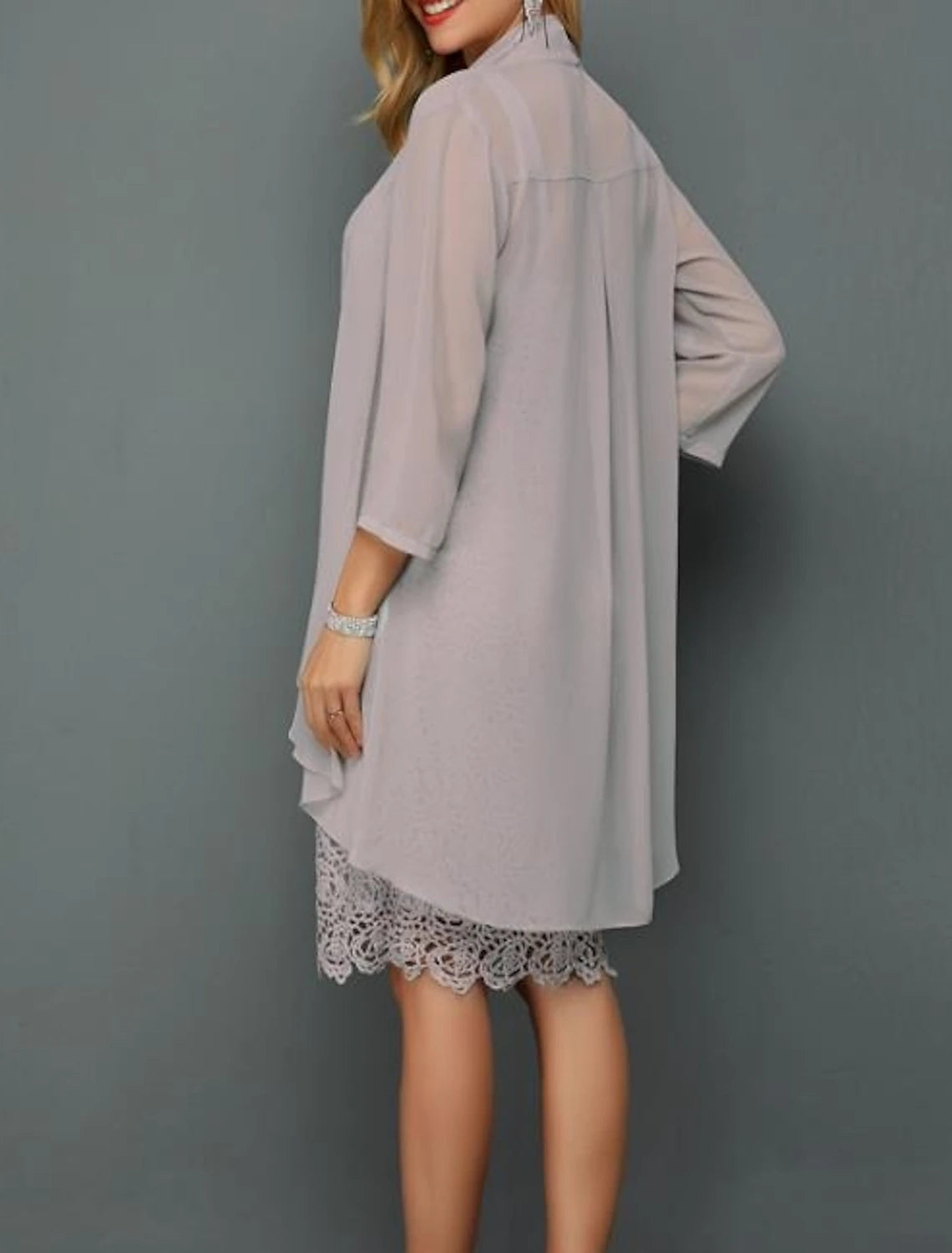 Wholesa Two Piece Sheath / Column Mother of the Bride Dress Wedding Guest Church Elegant Plus Size Bateau Neck Knee Length Chiffon Lace 3/4 Length Sleeve Jacket Dresses with Appliques