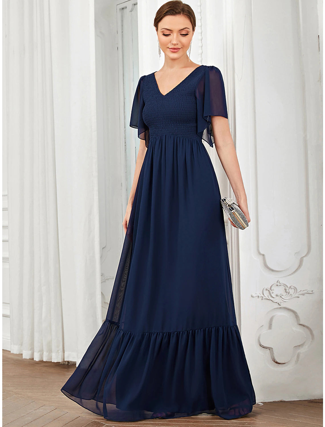 wholesa A-Line Prom Dresses Elegant Dress Party Wear Wedding Guest Floor Length Short Sleeve V Neck Chiffon with Pleats