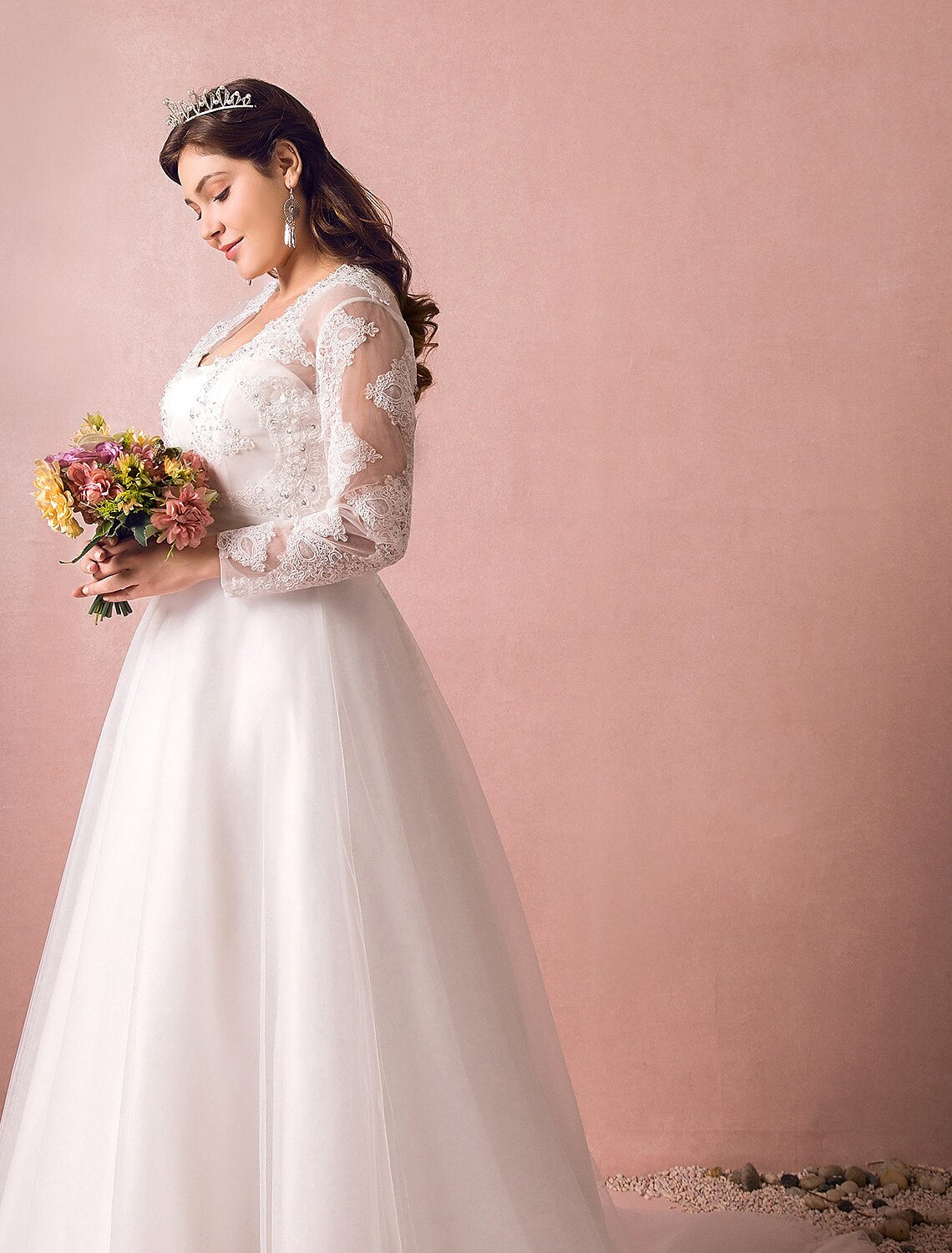 wholesale  Hall Sparkle & Shine Wedding Dresses A-Line Illusion Neck Long Sleeve Court Train Satin Bridal Gowns With Buttons Ruched