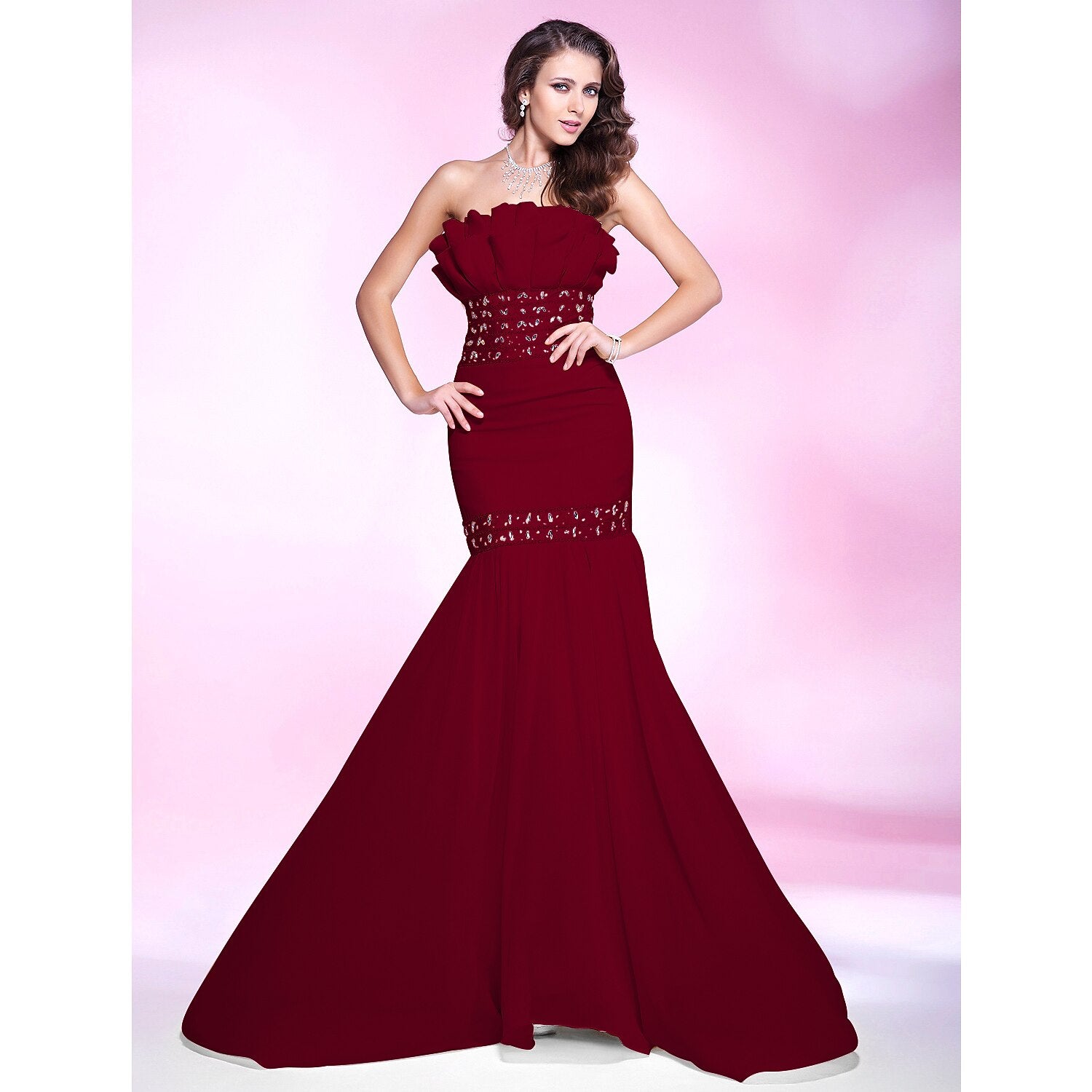 Wholesa Mermaid / Trumpet Elegant Engagement Formal Evening Dress Strapless Sleeveless Sweep / Brush Train Chiffon with Beading Ruffles