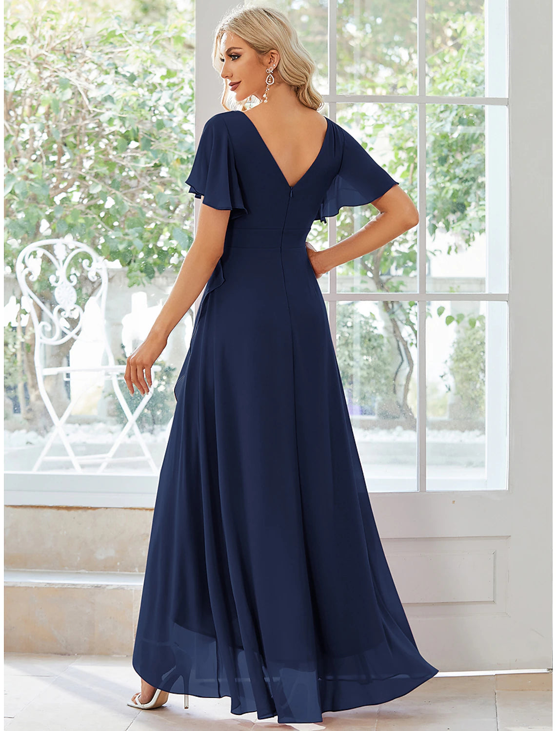 wholesale  A-Line Wedding Guest Dresses Casual Dress Party Dress Wedding Party Asymmetrical Short Sleeve V Neck Bridesmaid Dress Chiffon with Ruffles Pure Color