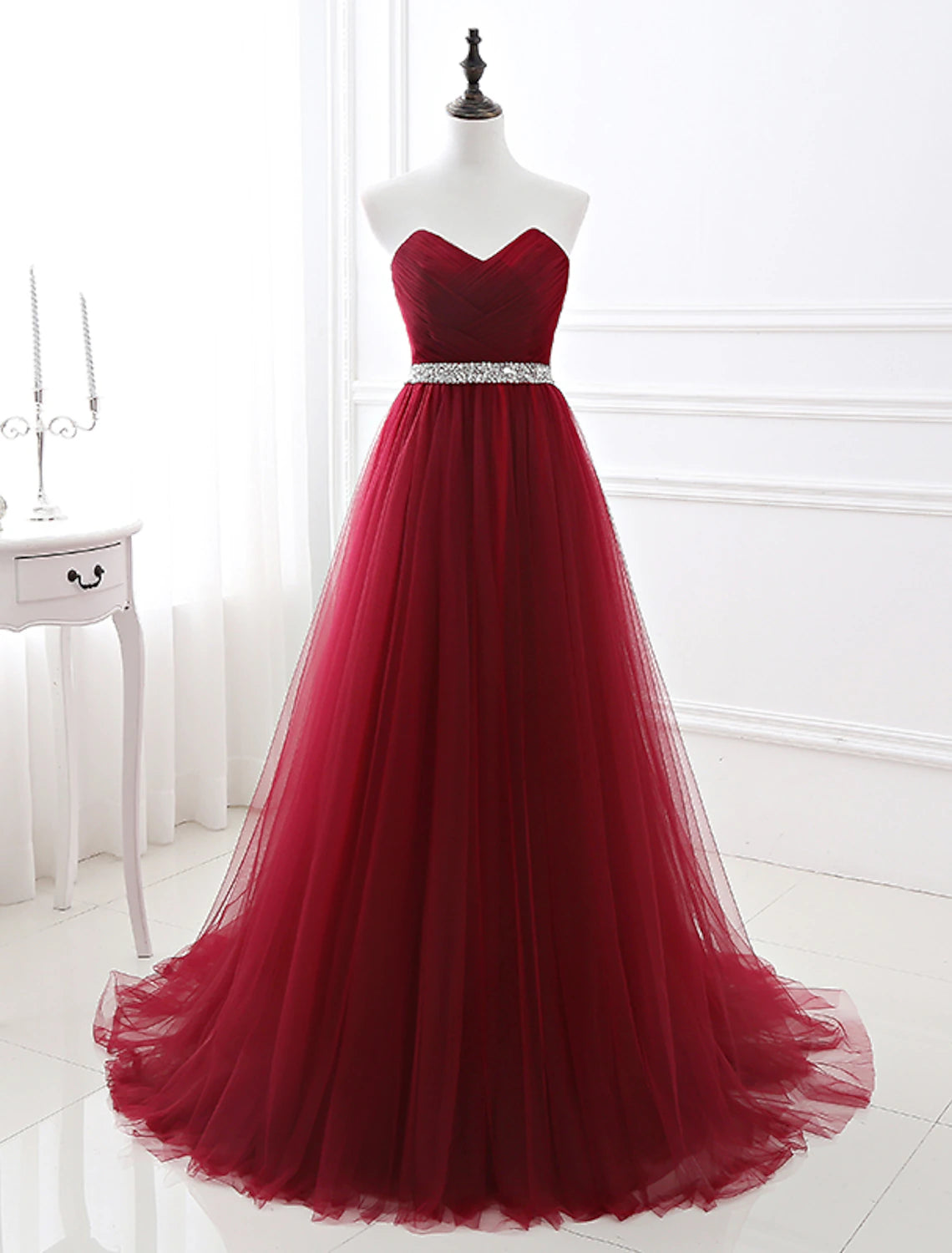 wholesale  A-Line Elegant Quinceanera Prom Valentine's Day Dress Strapless Sleeveless Chapel Train Satin with Crystals
