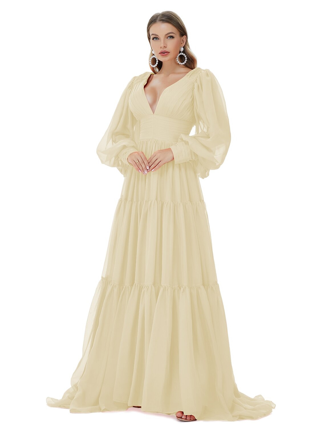 Wholesa A-Line Prom Dresses Sexy Dress Party Wear Formal Evening Sweep / Brush Train Long Sleeve V Neck Chiffon with Ruched