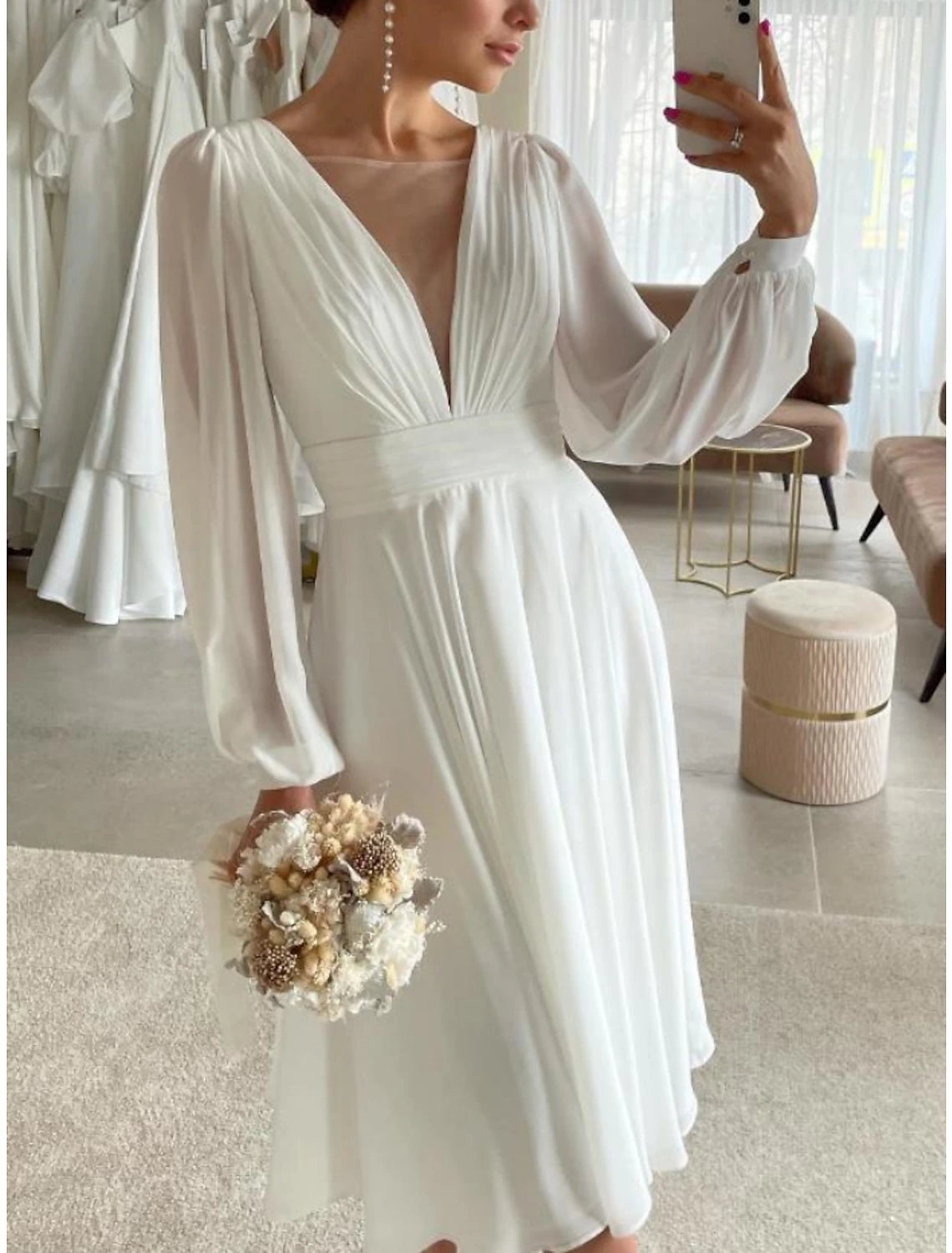 Wholesa Little White Dresses Wedding Dresses A-Line Illusion Neck Long Sleeve Knee Length Chiffon Bridal Gowns With Pleats Solid Color