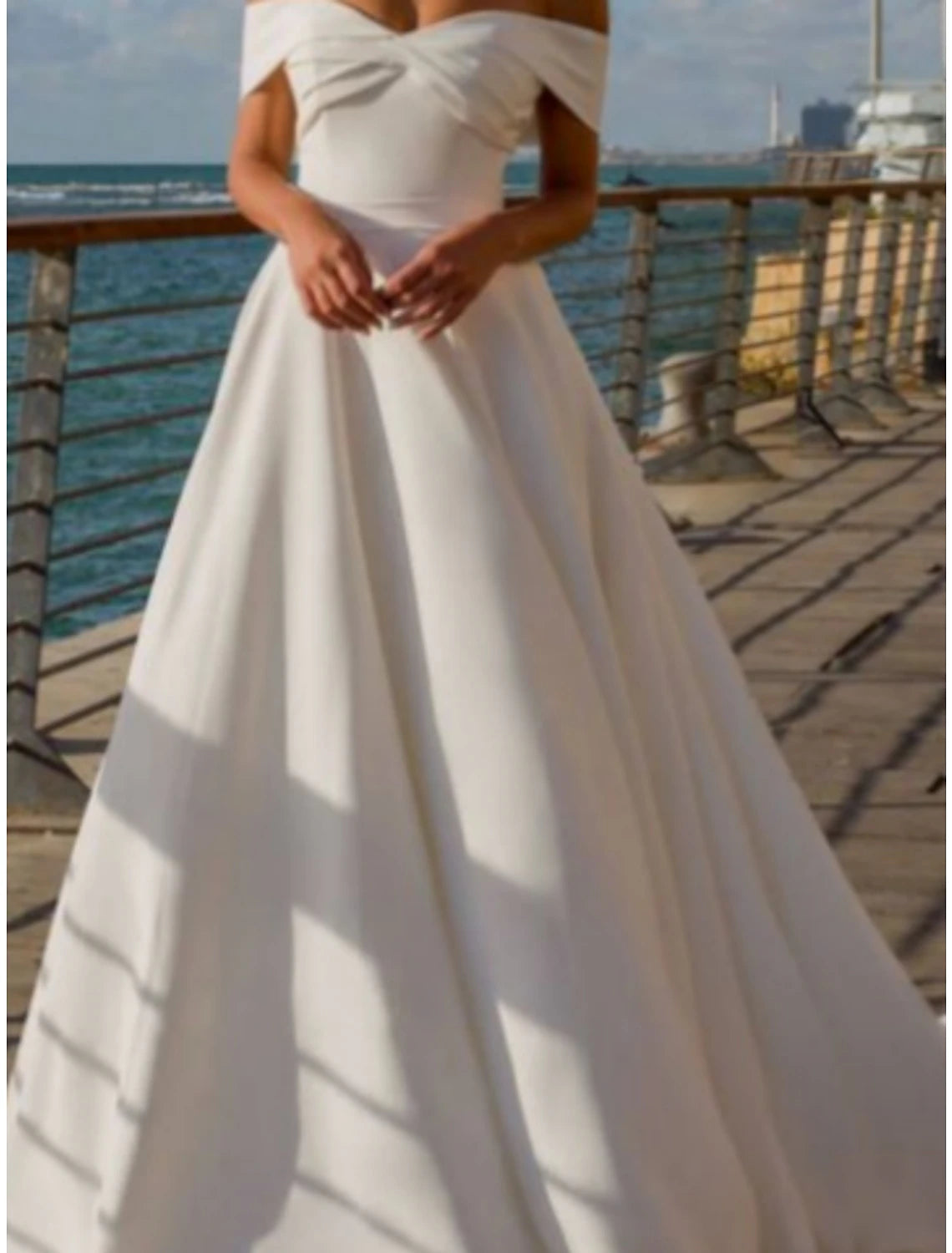 Wholesa Hall Formal Wedding Dresses A-Line Off Shoulder Short Sleeve Court Train Satin Bridal Gowns With Pleats Ruched