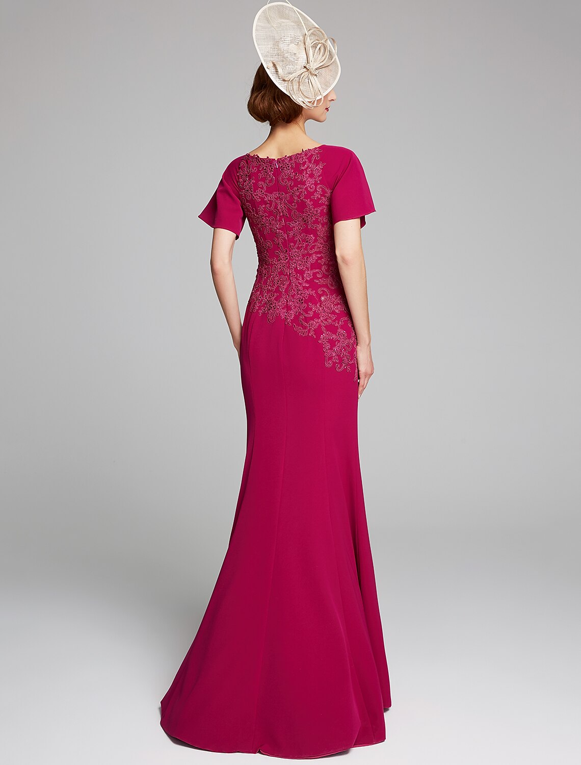 wholesale   Mermaid / Trumpet Mother of the Bride Dress Bateau Neck Floor Length Chiffon Lace Short Sleeve with Lace Split Front