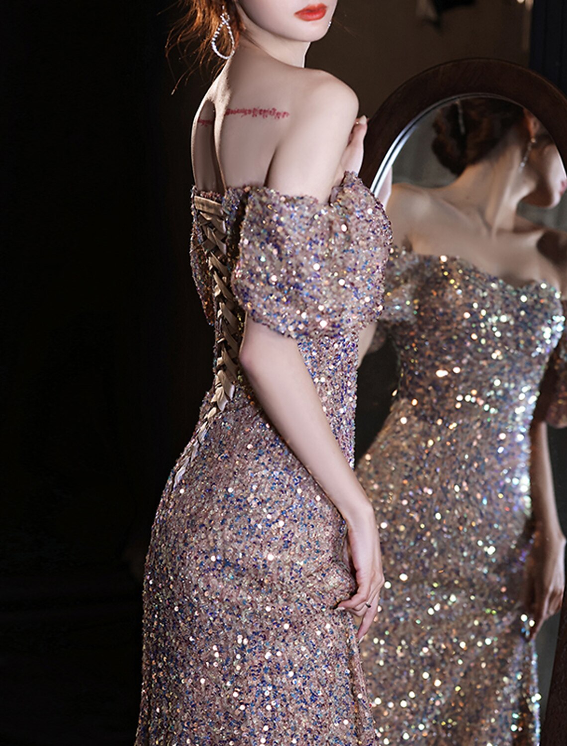 Wholesa Mermaid / Trumpet Prom Dresses Elegant Dress Wedding Guest Prom Floor Length Short Sleeve Sweetheart Lace with Sequin