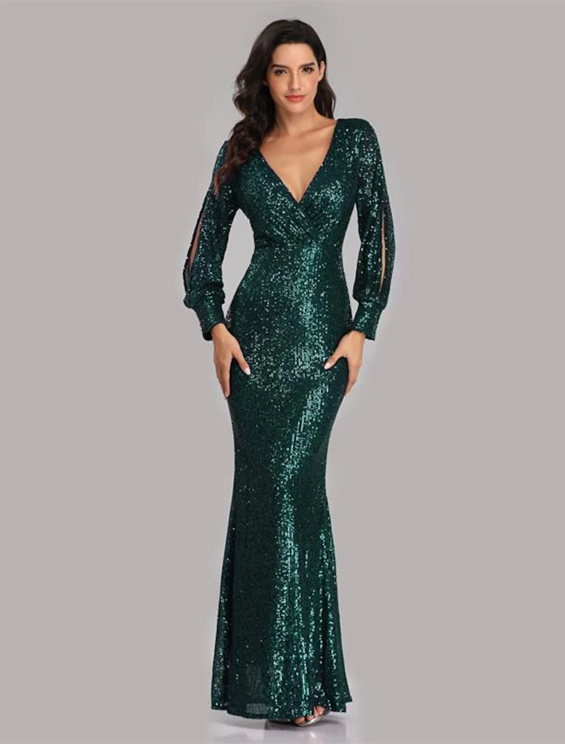 Wholesa Mermaid / Trumpet Evening Gown Sparkle Dress Party Dress Wedding Guest Floor Length Long Sleeve V Neck Sequined with Sequin