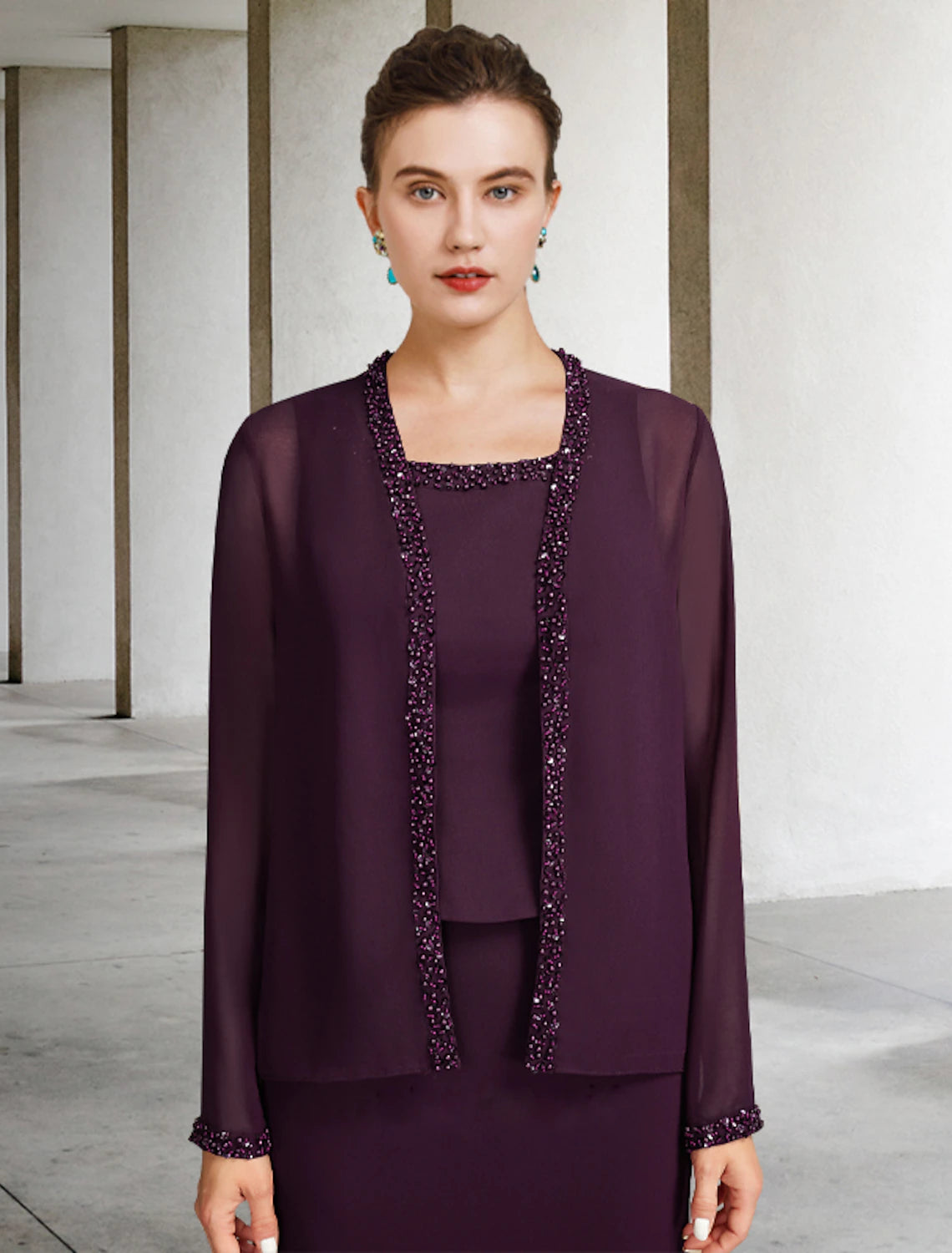 wholesale  Two Piece A-Line Mother of the Bride Dress Plus Size Elegant Square Neck Ankle Length Chiffon Sleeveless Wrap Included Jacket Dresses with Pearls Beading Tier