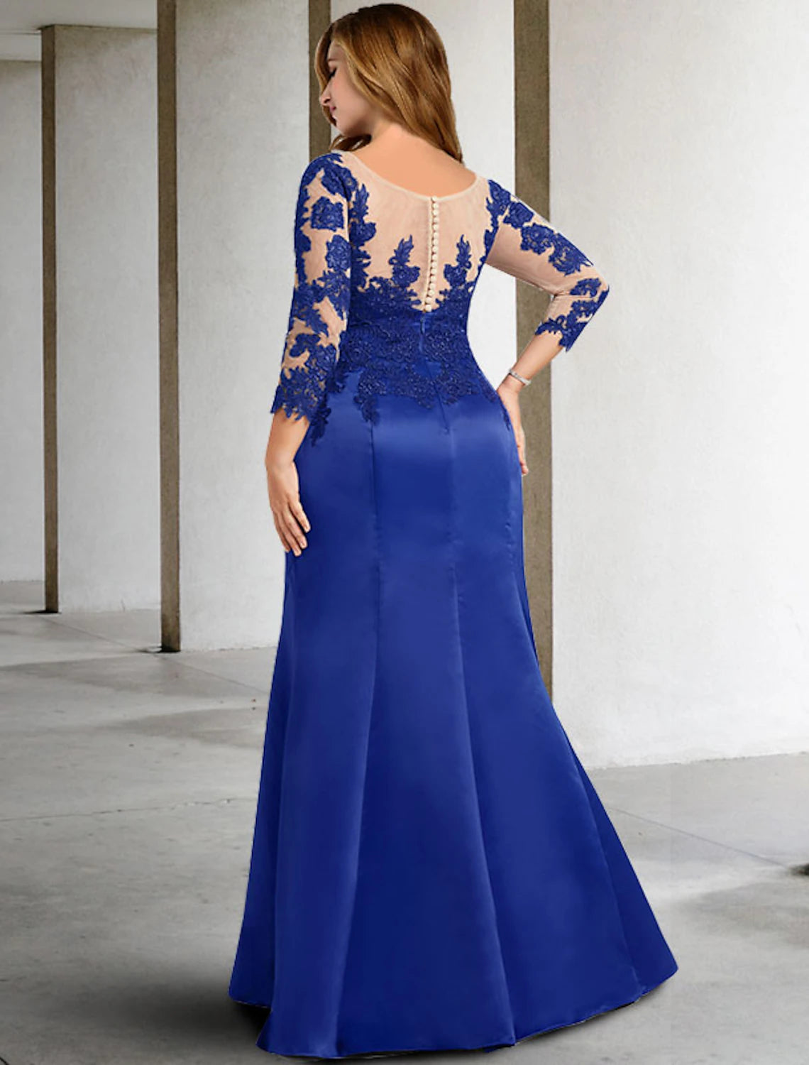 wholesale  Mermaid / Trumpet Mother of the Bride Dress Plus Size Hide Belly Elegant Jewel Neck Floor Length Chiffon Lace 3/4 Length Sleeve No with Appliques