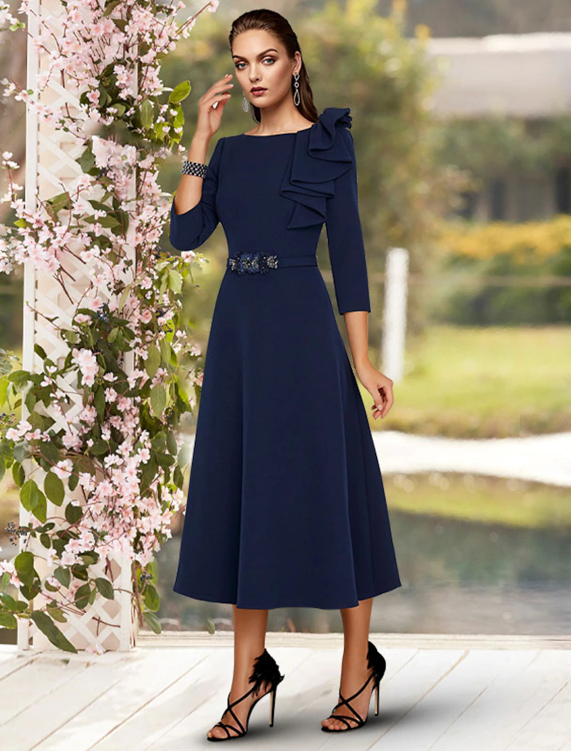 wholesale  A-Line Mother of the Bride Dress Wedding Guest Elegant Jewel Neck Tea Length Stretch Fabric 3/4 Length Sleeve with Sash / Ribbon Side Draping Fall