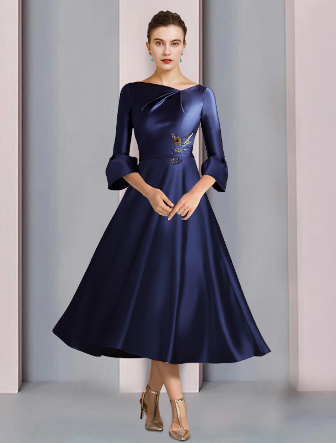 wholesale   A-Line Mother of the Bride Dress Formal Wedding Guest Elegant Bateau Neck Tea Length Satin 3/4 Length Sleeve with Pleats Beading