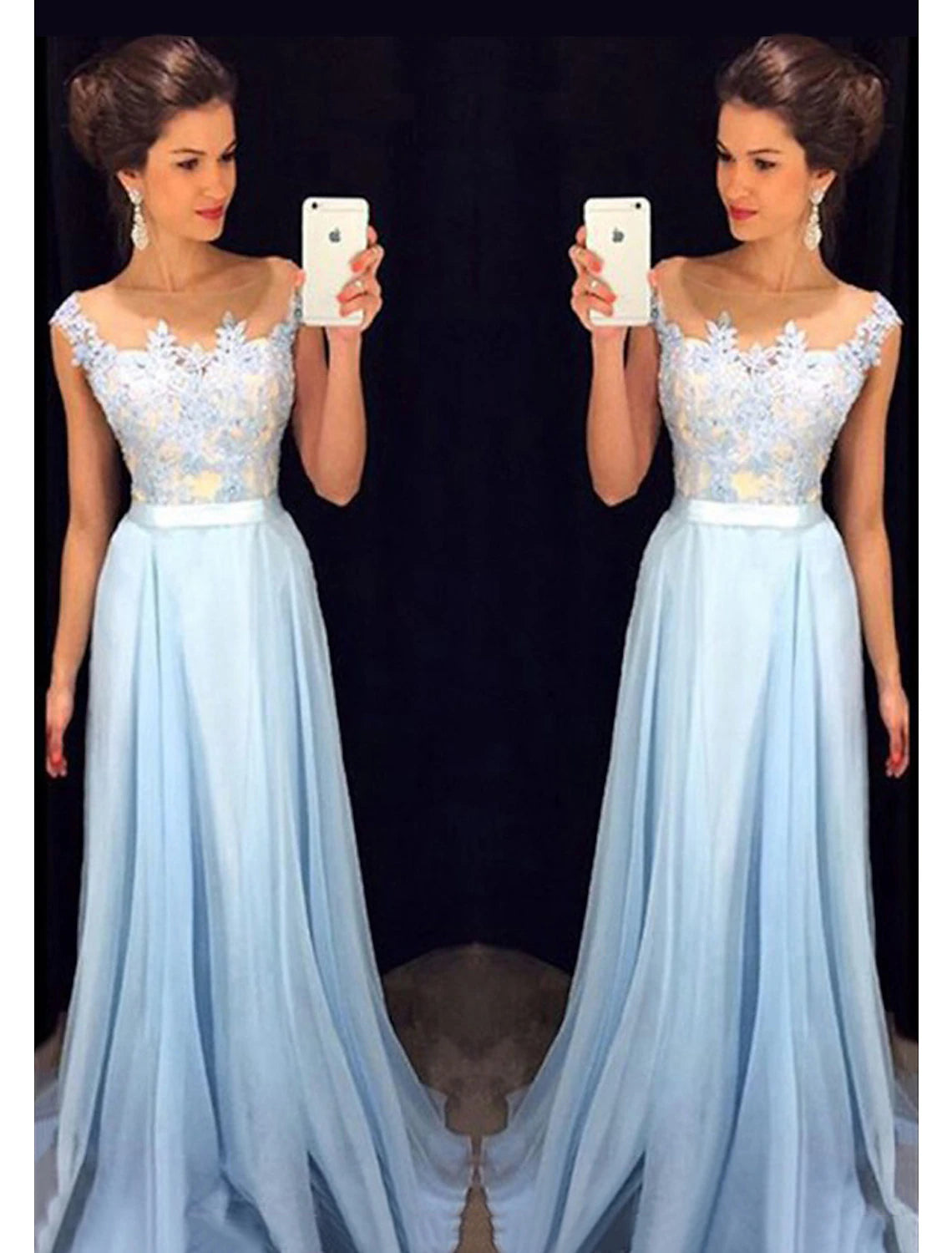 wholesale  A-Line Prom Dresses Color Block Dress Formal Prom Floor Length Sleeveless Jewel Neck Chiffon with Beading Appliques