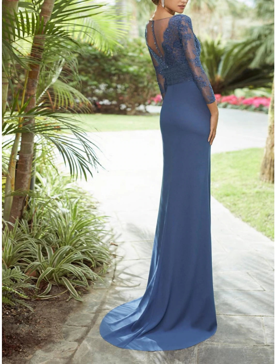 Wholesa Sheath / Column Mother of the Bride Dress Fall Wedding Guest Party Elegant V Neck Sweep / Brush Train Chiffon Lace 3/4 Length Sleeve with Pleats Sequin Ruffles