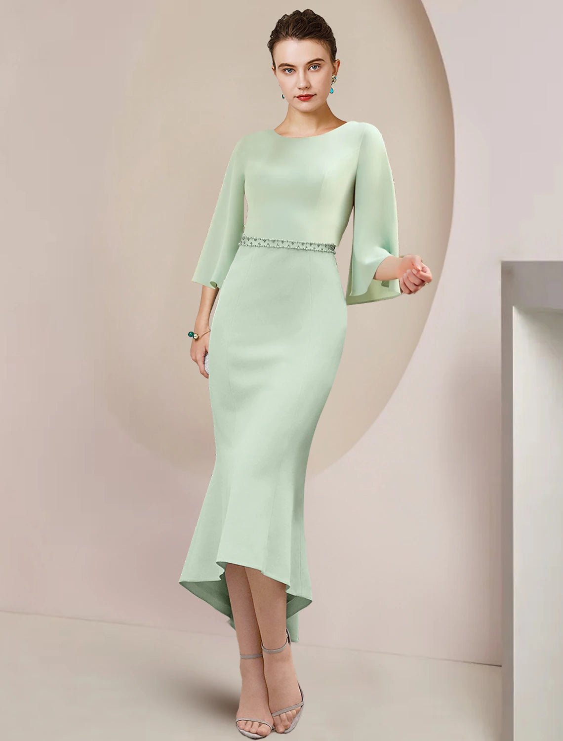 wholesale   Mermaid / Trumpet Mother of the Bride Dress Wedding Guest Party Elegant Scoop Neck Tea Length Stretch Chiffon 3/4 Length Sleeve with Beading