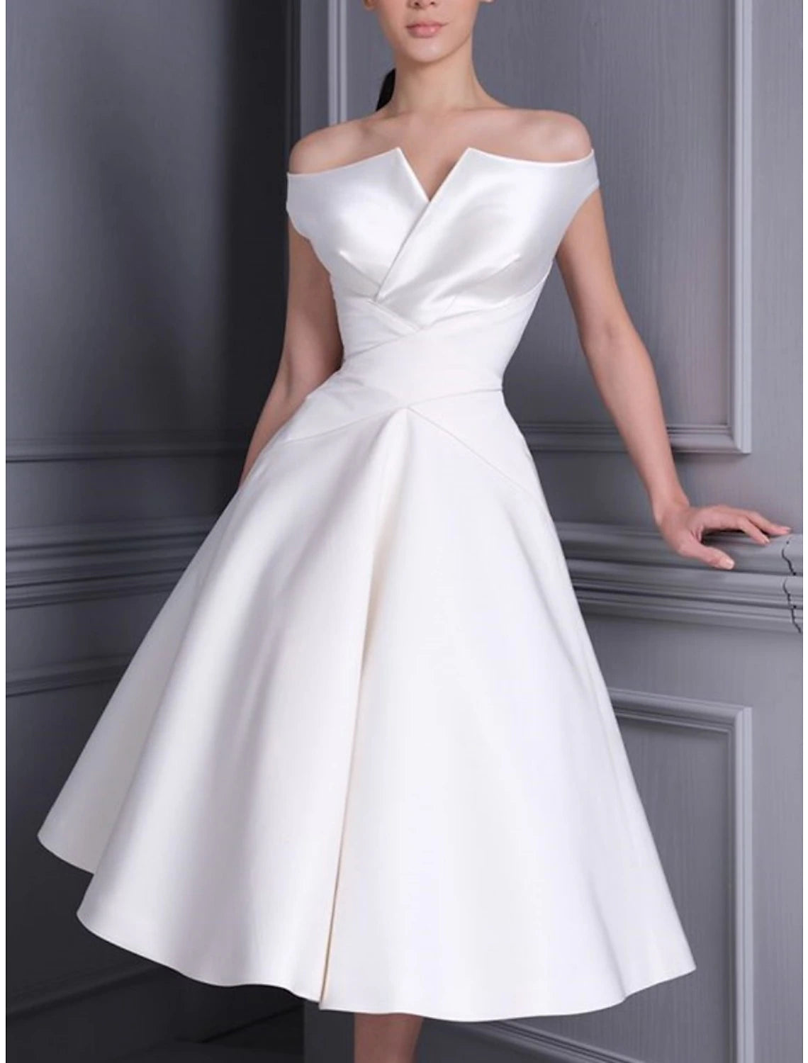 Wholesa  Little White Dresses Wedding Dresses A-Line Off Shoulder Cap Sleeve Tea Length Satin Bridal Gowns With Pleats Solid Color