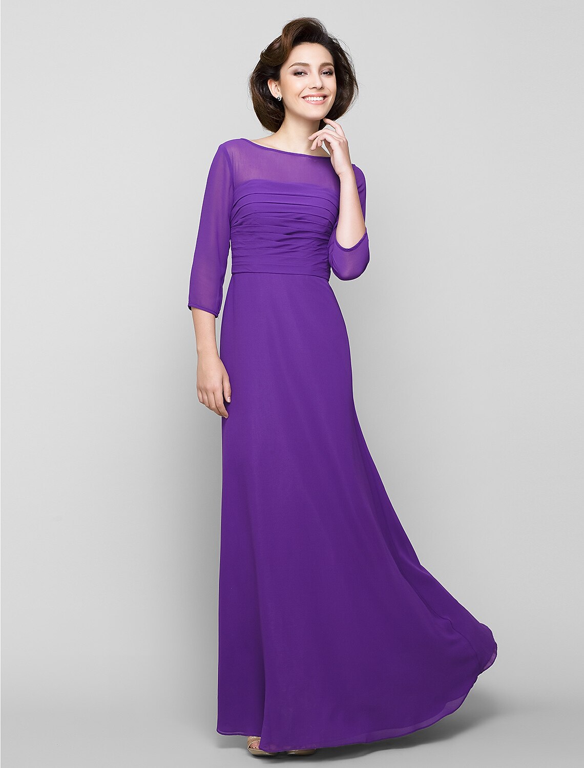 wholesale   A-Line Mother of the Bride Dress Elegant Scoop Neck Ankle Length Chiffon 3/4 Length Sleeve No with Ruched