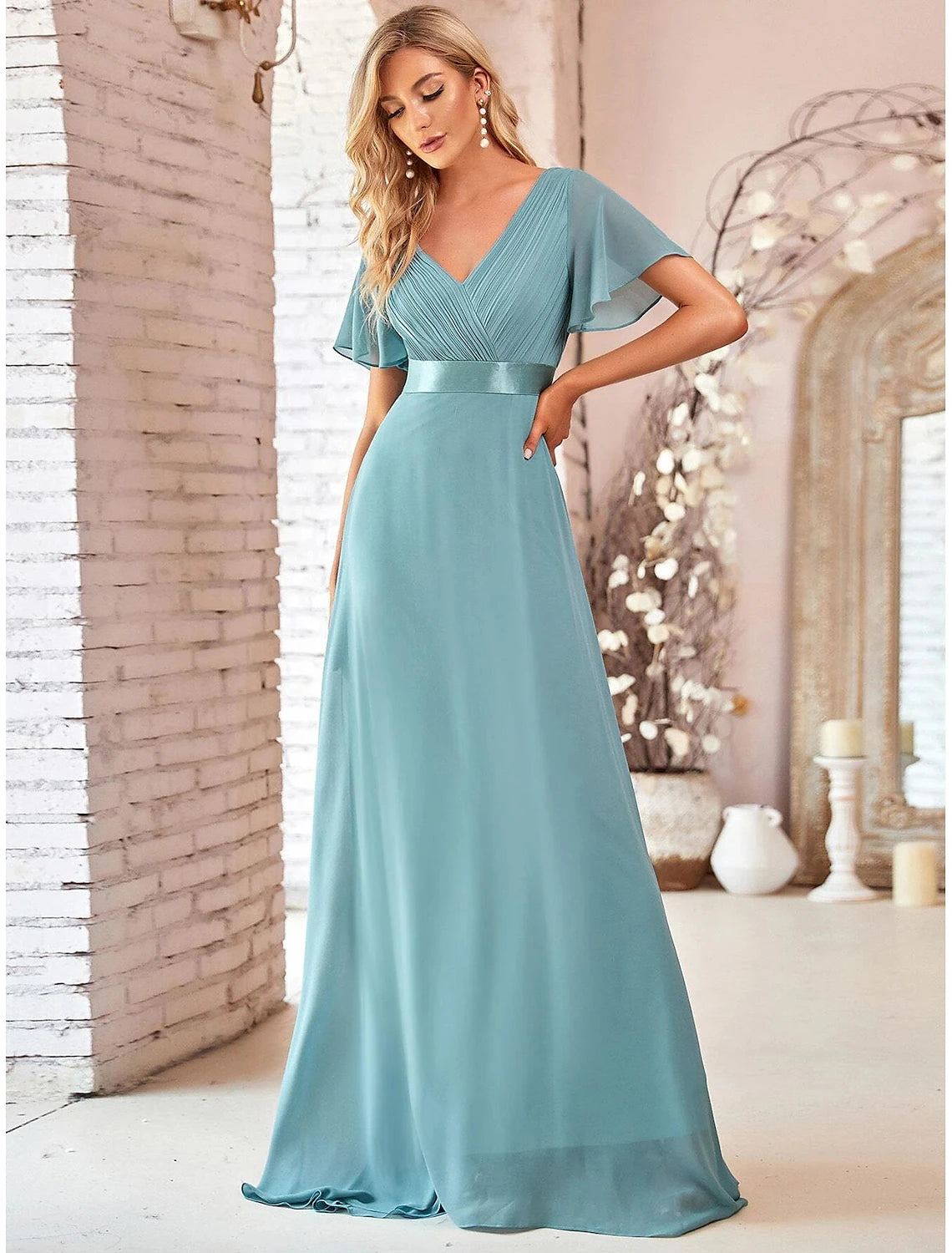 wholesale  A-Line Evening Gown Party Dress Empire Dress Wedding Guest Formal Evening Floor Length Short Sleeve V Neck Bridesmaid Dress Chiffon V Back with Ruffles Pure Color