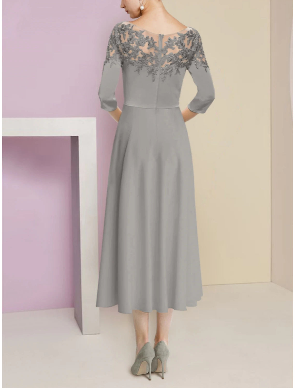 Wholesa  A-Line Mother of the Bride Dress Wedding Guest Elegant Scoop Neck Tea Length Stretch Chiffon Half Sleeve with Lace Ruching Solid Color