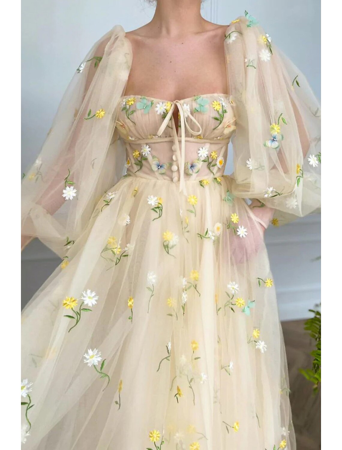 Wholesa A-Line Prom Party Dress Floral Dress Wedding Guest Engagement Ankle Length Long Sleeve Sweetheart Lace Backless with Pleats Ruched