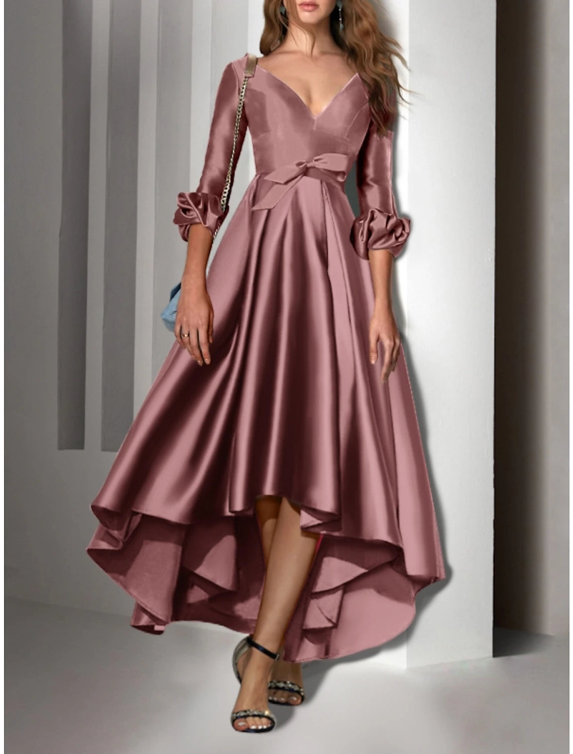 Wholesa A-Line Cocktail Dresses Elegant Dress Wedding Guest Birthday Asymmetrical 3/4 Length Sleeve V Neck Satin with Bow(s) Pleats