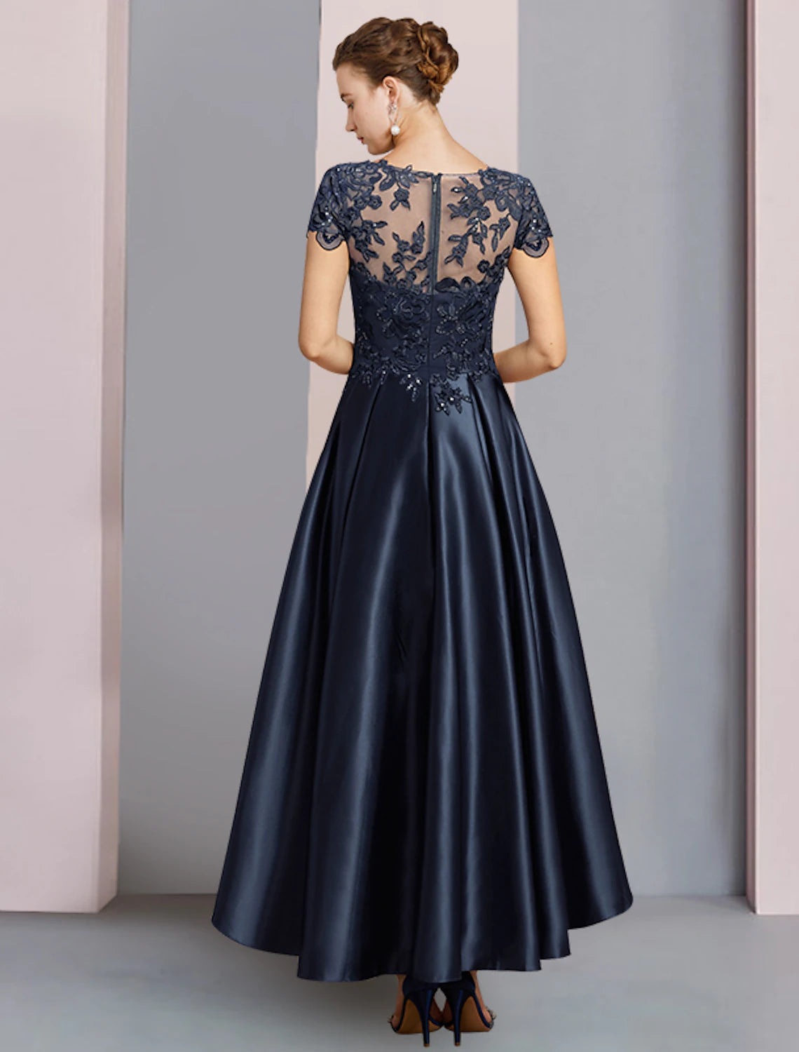 wholesale   A-Line Mother of the Bride Dress Formal Wedding Guest Party Elegant High Low Scoop Neck Asymmetrical Tea Length Satin Lace Half Sleeve with Sequin Appliques
