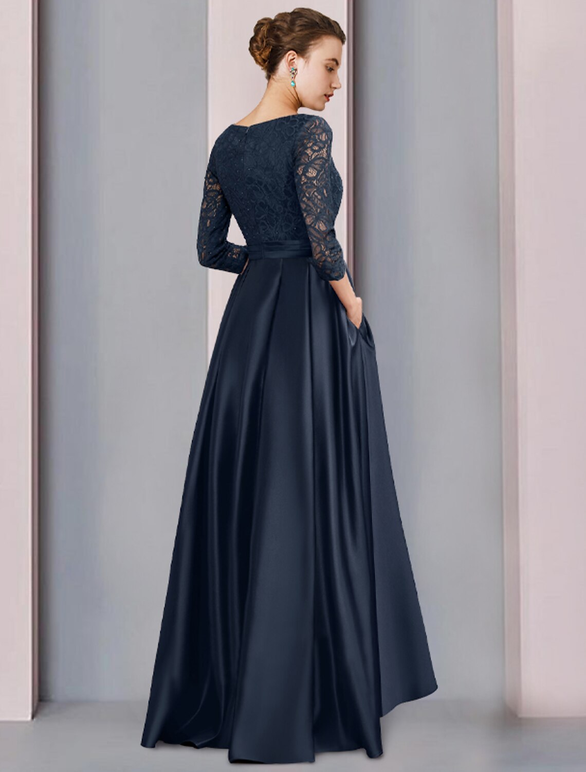 wholesale  A-Line Mother of the Bride Dress Wedding Guest Elegant High Low Scoop Neck Asymmetrical Tea Length Satin Lace 3/4 Length Sleeve with Pleats Appliques