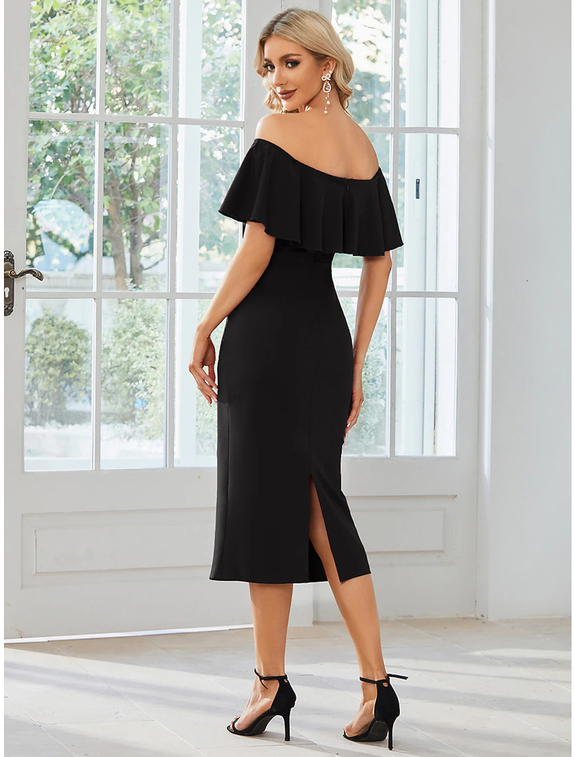 Minimalist Sheath Off-Shoulder Short Sleeve Tea Length Wedding Guest Dress with Slit