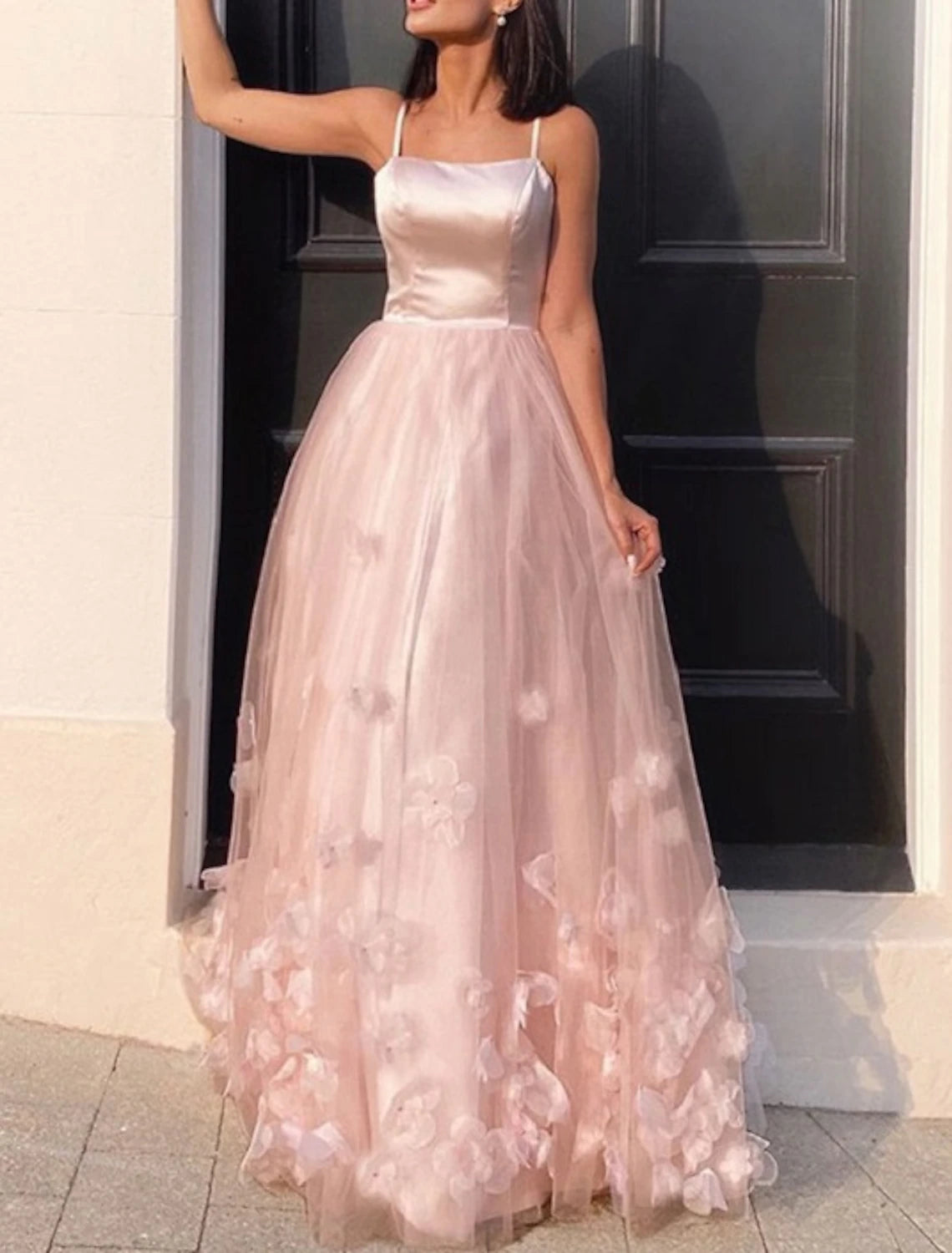 Wholesa A-Line Prom Party Dress Floral Dress Performance Sweet 16 Floor Length Sleeveless Spaghetti Strap Tulle with Pleats Appliques