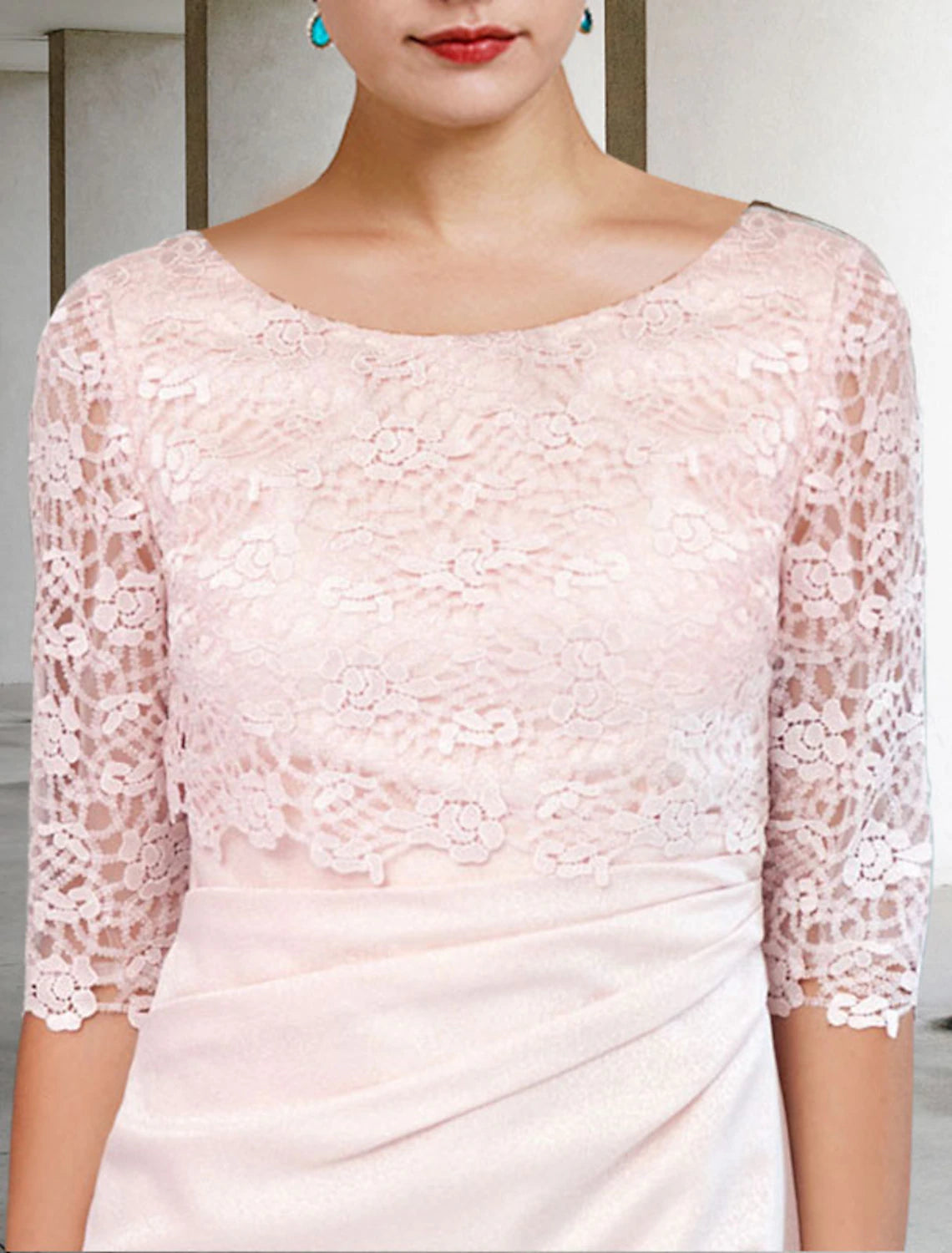 wholesale  Two Piece Sheath / Column Mother of the Bride Dress Church Elegant Jewel Neck Knee Length Satin Lace Half Sleeve Jacket Dresses with Side-Draped