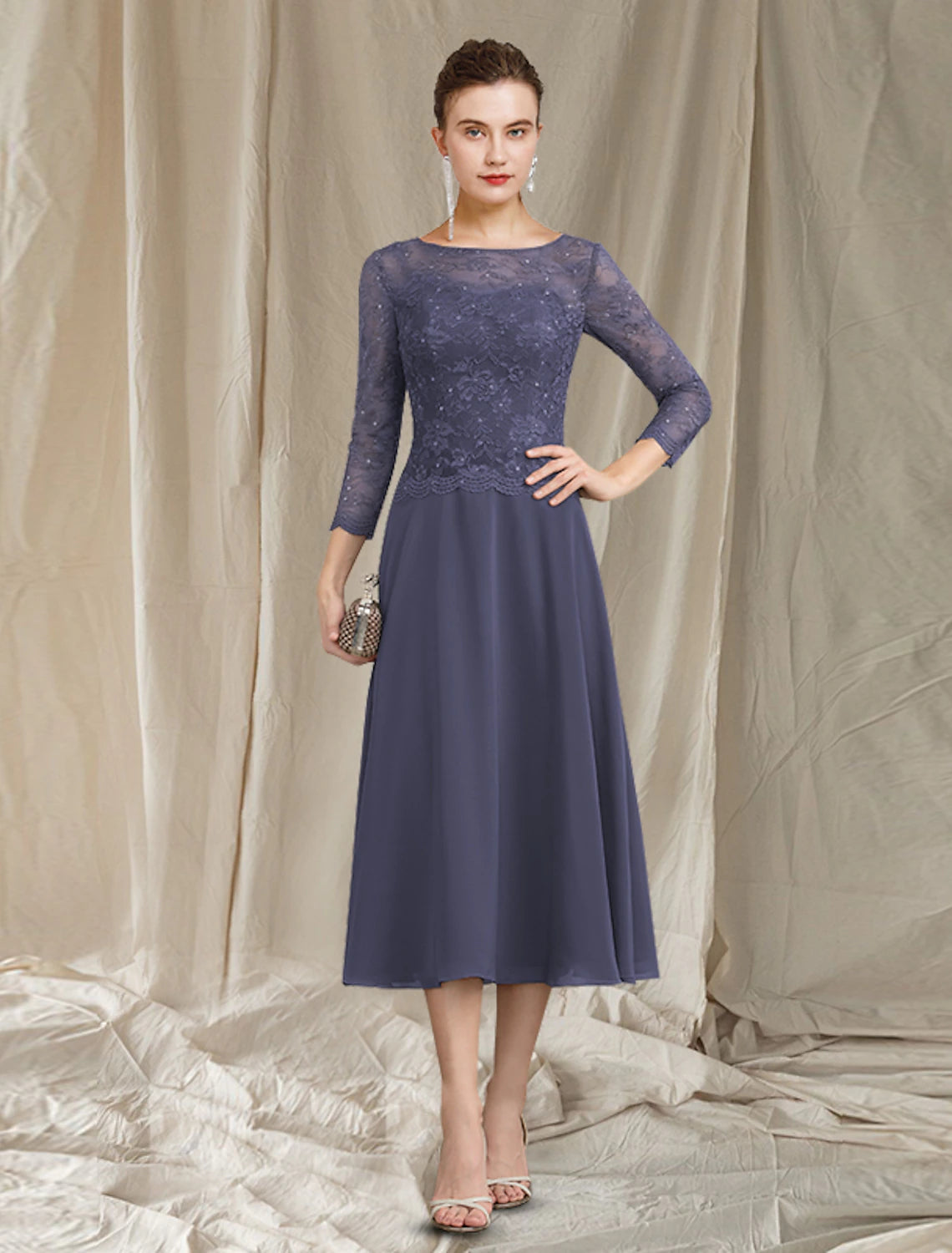wholesale   A-Line Mother of the Bride Dress Elegant Jewel Neck Tea Length Chiffon Lace 3/4 Length Sleeve with Sequin
