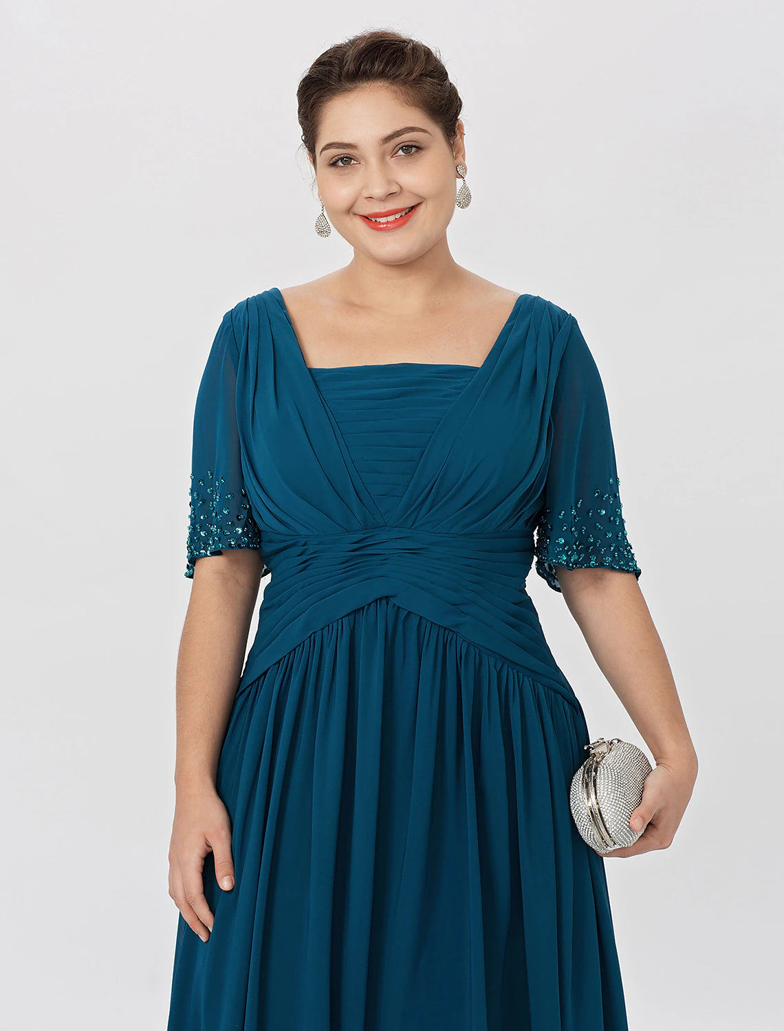 wholesale   Ball Gown A-Line Mother of the Bride Dress Formal Classic & Timeless Elegant & Luxurious Plus Size Square Neck Floor Length Chiffon Short Sleeve No with Pleats Beading